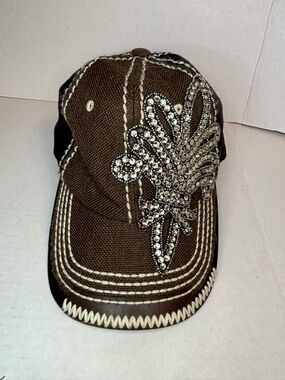Brown Rhinestone Embellished Baseball Cap